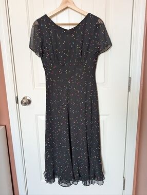 Vintage Talbots Petites Pure Silk Polka Dot Midi Dress W2 Black/Pink